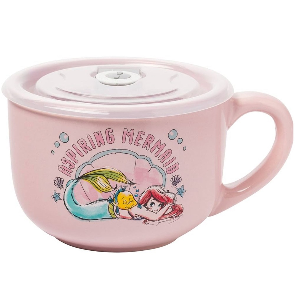 New DISNEY Little Mermaid Ceramic Soup Mug with Vented Plastic Lid 24oz